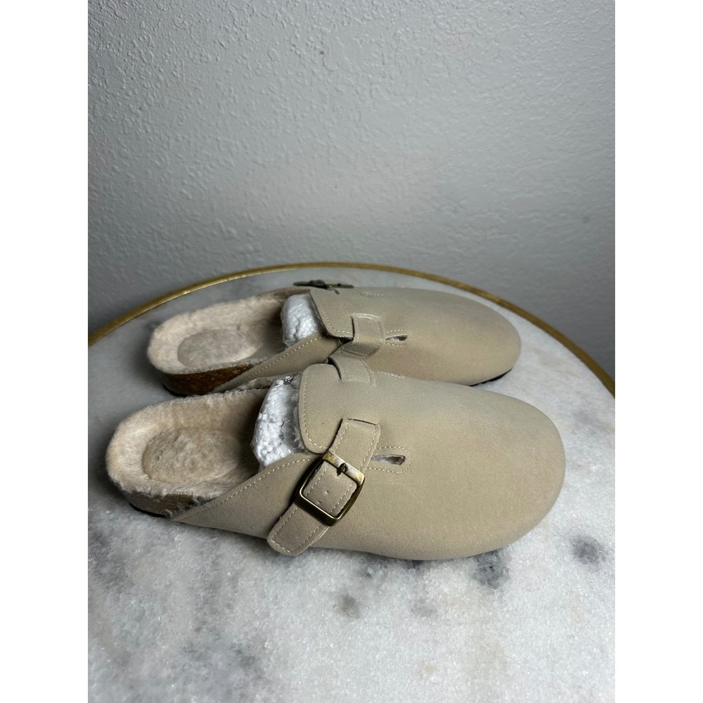 Women Suede‎ Clogs Faux Fur Lined Buckle Mule Slippers Beige Tan NEW